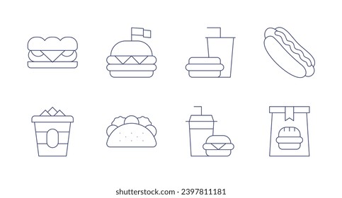 Fast food icons. Editable stroke. Containing sandwich, nuggets, burger, taco, fast food, hot dog, food package.