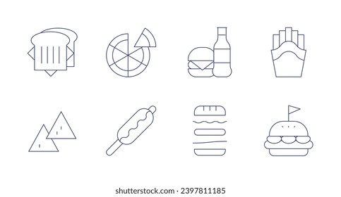 Fast food icons. Editable stroke. Containing sandwich, nachos, pizza, corn dog, fast food, french fries, burger.