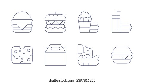 Fast food icons. Editable stroke. Containing hamburguer, cheese, burger, take out, fast food, hamburger.