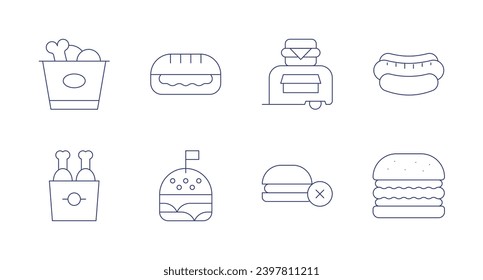 Fast food icons. Editable stroke. Containing fried chicken, chicken bucket, sandwich, burger, food truck, no fast food, hot dog.