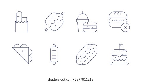 Fast food icons. Editable stroke. Containing groceries, bread, hot dog, food, no fast food, burger.