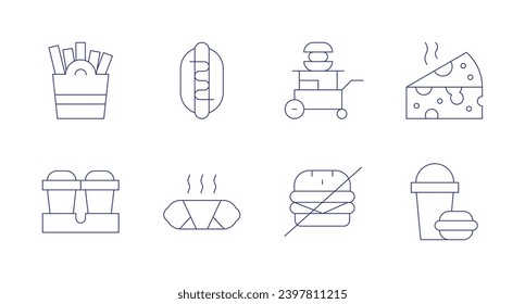 Fast food icons. Editable stroke. Containing french fries, soft drinks, hot dog, food stall, no fast food, cheese, fast food.