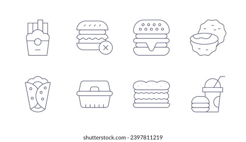 Fast food icons. Editable stroke. Containing french fries, shawarma, no junk food, food box, fast food, sandwich, truffle.