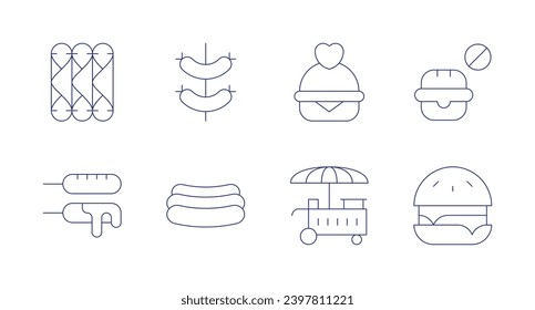 Fast food icons. Editable stroke. Containing flautas, corn dog, sausage, hotdog, food, food cart, fast food, burger.