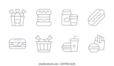 Fast food icons. Editable stroke. Containing chicken bucket, sandwich, hamburger, fried chicken, fast food, hot dog, burger.