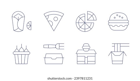 Fast food icons. Editable stroke. Containing burrito, chicken bucket, noodle, pizza slice, food package, fast food, food store, burger.