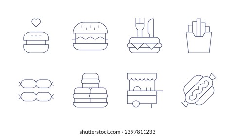 Fast food icons. Editable stroke. Containing burger, sausage, hamburger, burgers, food, food cart, fast food, hot dog.