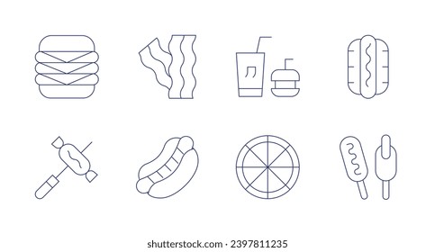 Fast food icons. Editable stroke. Containing burger, sausage, bacon, hotdog, fast food, hot dog, corndog.