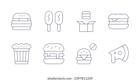 Fast food icons. Editable stroke. Containing burger, pop corn, corn dog, food delivery, no fast food, hamburger, pizza.