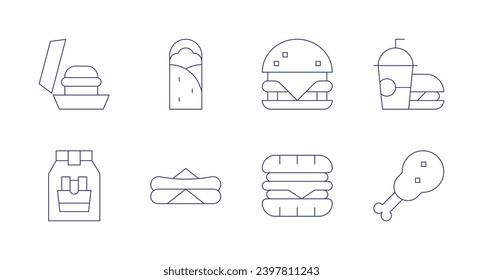 Fast food icons. Editable stroke. Containing burger, french fries, shawarma, hot dog, fast food, chicken.