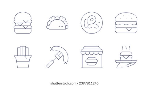Fast food icons. Editable stroke. Containing burger, chips, taco, sausage, fast food.