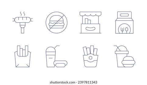 Fast food icons. Editable stroke. Containing sausage, french fries, no fast food, fast food, stand, package.
