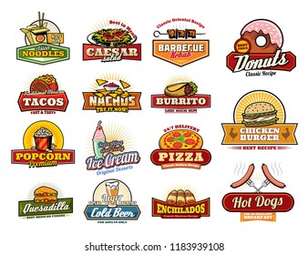 Fast food icons of fastfood snacks and sandwiches. Cafe, restaurant or bistro menu. Vector Chinese noodle box, Caesar salad or kebab barbecue and donut dessert, Mexican taco and nachos with burrito