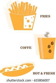 Fast food icons flat design, hot dog, coffe.