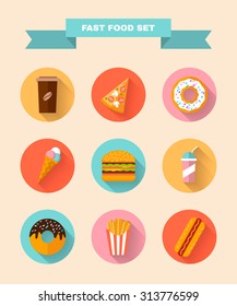 Fast food icons in flat style. 