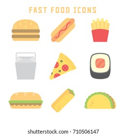 Fast food icons in flat style for your cuisine projects or food publications.
