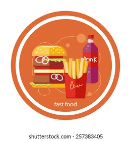 Fast food icons of french fries hamburger soda drink in flat design on stylish banner background