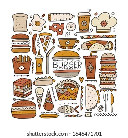 Fast food icons. Hamburger pizza sausages snacks sandwich ice cream. Food menu background for your design. Vector illustration