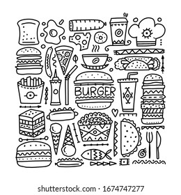 Fast food icons. Hamburger pizza sausages snacks sandwich ice cream. Food menu background for your design. Vector illustration