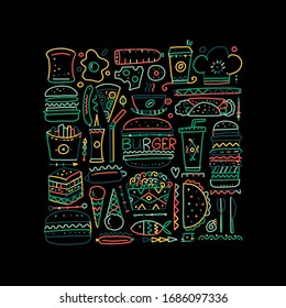 Fast food icons. Hamburger pizza sausages snacks sandwich ice cream. Food menu background for your design. Vector illustration