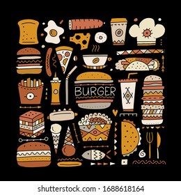 Fast food icons. Hamburger pizza sausages snacks sandwich ice cream. Food menu background for your design. Vector illustration