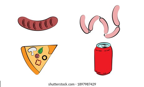 Fast food icons. Hamburger pizza sausages snacks sandwich ice cream. Food menu background for your design