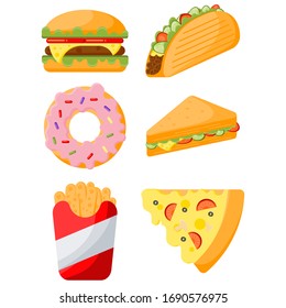 Fast food icons. Hamburger and sandwich, pizza slice, pottato, donut, taco. Vector illustration isolated on white background.