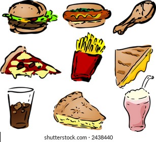 Fast food icons, hand-drawn look: hamburger, hotdog, fried chicken, pizza, fries, grilled cheese sandwich, coke, pie, shake. Vector illustration