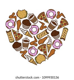 Fast food icons in heart shape.