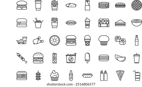 Fast Food Icons Hochwertige Vektor Icons Kollektion mit editierbarem Strich. Ideal für professionelle und kreative Projekte.