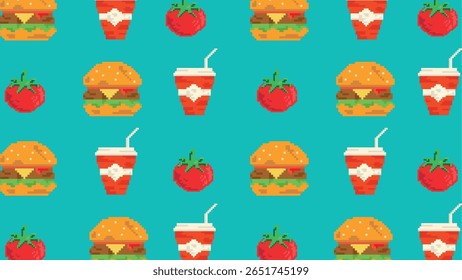 Fast food icons including burgers, soda, and tomatoes with a retro pixel art style over a bright grid design for digital food themes and vintage aesthetics.