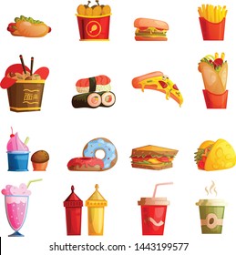 Fast food icons including sushi, noodle box, taco, kebab, suitable for icon, logo, isolated illustration, menu book. Translation on noodle box text "Noodle"