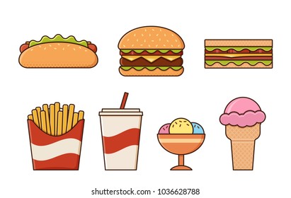 Fast food icons isolated in flat design. Vector. Set unhealthy meal on white background. Linear restaurant snacks. Junk colorful cooking elements.