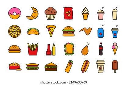 Fast food icons. Isolated line color icon set