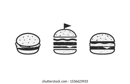 Fast Food icons isolated on white background. Set of 3 vector burgers with grunge texture. Elements for restaurant menu design, logo, labels.