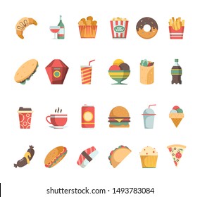 Fast food icons. Junk food sandwich hamburger coffee fried potatoes beverage vector flat pictures