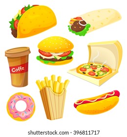 Fast food icons, junk food vector illustration set