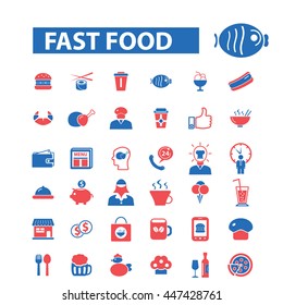 fast food icons: kitchen, cooking, menu, dining, pizza, bill, beer, cafe, cafeteria, beverage, hot dog, bbq, pub, meat meal, drinks. Vector illustration