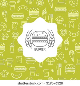 Fast food icons in a linear style, seamless pattern with the emblem of burger for your design.