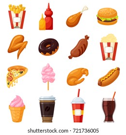 Fast food icons. Mass-produced meal, quickly served and prepared, favorite snacks. Fast food vector flat style cartoon illustration isolated on white background.