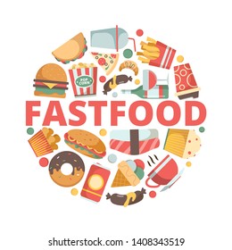Fast food icons. Menu pictures in circle shape cold drink pizza burger sandwich ice cream vector fast food flat colored symbols. Illustration of burger and drink, pizza and sandwich