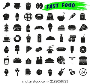 Fast food icons, mono vector symbols. Dark icons on a white background. Fast street food.