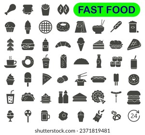 Fast food icons, mono vector symbols. Dark icons on a white background. Fast street food. EPS 10.