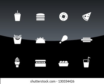 Fast food icons on black background. Vector illustration.