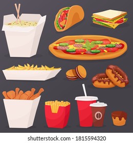 Fast food icons on black background. Pizza, snacks, sandwiches, vermeix, potatoes, kidney, tacos, food menu. Vector illustration