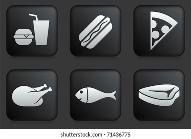 Fast Food Icons on Square Black Button Collection Original Illustration