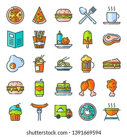 Fast food icons pack. Isolated fast food symbols collection.