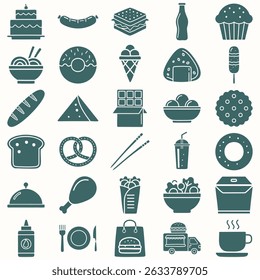 Fast food icons pack with popular snacks including cake, sandwich, drinks, samosa, salad, chicken wings, cookies, chocolate and more. Vector collection of various food and drink items in solid style.