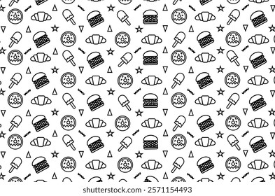 Fast food icons pattern background. Junk food icons seamless pattern background. Perfect for wrapping paper, packaging product, backdrop, wallpaper, textile, fabric and other commercial needs.