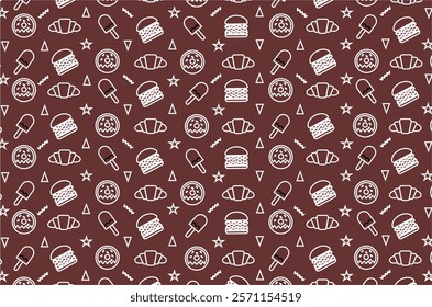 Fast food icons pattern background. Junk food icons seamless pattern background. Perfect for wrapping paper, packaging product, backdrop, wallpaper, textile, fabric and other commercial needs.